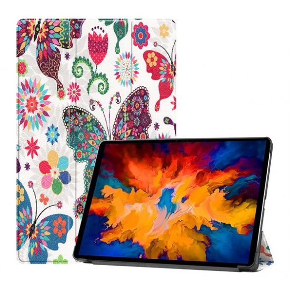 Carcasă în picioare, efect piele (FLIP activ, deschidere laterală, TRIFOLD, suport de birou, fluture colorat) ALB Lenovo Tab P11 Pro (TB-J706F)