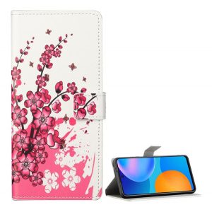 Husă stativă, efect piele (FLIP, deschidere laterală, suport pentru birou, model floral) alb  Huawei P Smart (2021)