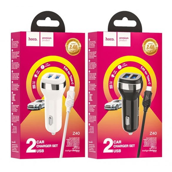 Încărcător auto HOCO Z40 2 prize USB (12W, încărcător rapid, indicator LED + cablu microUSB) ALB