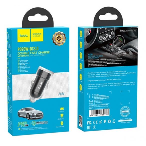 Încărcător auto HOCO Z32B USB+priză de tip C (20W, încărcător rapid PD 3.0) NEGRU