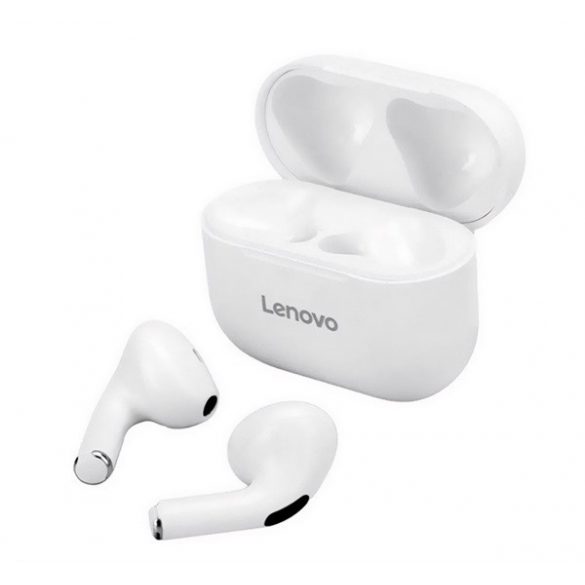 Căști bluetooth LENOVO LIVEPODS LP40 STEREO (v5.0, TWS, microfon, filtru de zgomot + carcasă de încărcare) ALBE