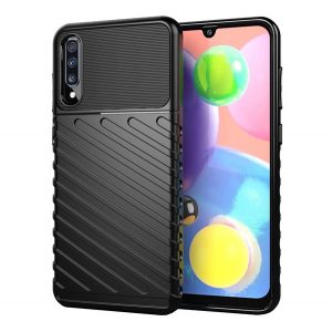 Husă silicon pentru telefon (rezistent la impact mediu, cu dungi, model convex) negru Samsung Galaxy A70 (SM-A705F)