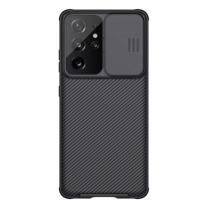 NILLKIN CAMSHIELD PRO protecție din plastic pentru telefon (cadru din silicon, rezistent la impact mediu, protecție cameră, model cu dungi) NEGRU Samsung Galaxy S21 Ultra (SM-G998) 5G