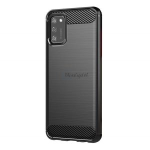 Protector de telefon din silicon (rezistență medie la impact, colț cu pernă de aer, periat, model carbon) NEGRU Samsung Galaxy A02s (SM-A025F)