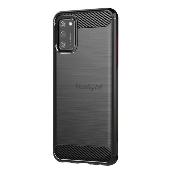 Protector de telefon din silicon (rezistență medie la impact, colț cu pernă de aer, periat, model carbon) NEGRU Samsung Galaxy A02s (SM-A025F)