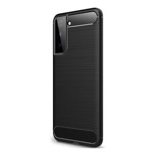 Protector de telefon din silicon (rezistență medie la impact, colț cu pernă de aer, periat, model carbon) NEGRU Samsung Galaxy S21 Plus (SM-G996) 5G