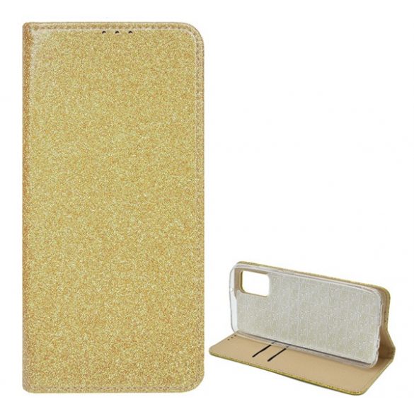 Husă în picioare, efect piele (FLIP, interior din silicon, deschidere laterală, funcție suport de masă, suport card bancar, strălucitor) GOLD Samsung Galaxy A72 5G (SM-A726F), Samsung Galaxy A72 4G (SM-A725F)