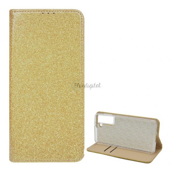 Husă în picioare, efect piele (FLIP, interior din silicon, deschidere laterală, funcție suport de masă, suport card bancar, strălucitor) GOLD Samsung Galaxy S21 (SM-G991) 5G