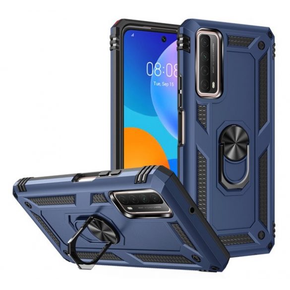 Defender protecție din plastic pentru telefon (rezistență medie la impact, interior din silicon, inel suport telefon, placă metalică încorporată) CUTTING albastruHuawei P Smart (2021)