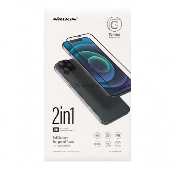 NILLKIN sticlă de protecție pentru ecran 2in1 (copertă completă 3D, curbată, rezistentă la zgârieturi, 0,33 mm, 9H + folie de protecție pentru cameră) NEGRU Apple iPhone 12 Pro