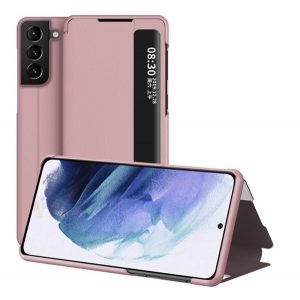 Husă stativă cu efect de piele (FLIP activ, deschidere laterală, suport de birou, afișaj ID apelant, fereastră de vizualizare) ROȘU AURIU Samsung Galaxy S21 Plus (SM-G996) 5G