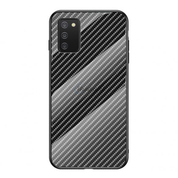 Cadru de protecție din silicon pentru telefon (BUMPER, spate din sticlă călită, model carbon) NEGRU Samsung Galaxy A02s (SM-A025F)