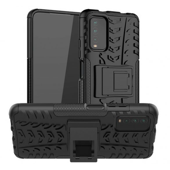 Defender protecțiede telefon din plastic (rezistent la impact mediu, interior silicon, suport, model de anvelope auto) negru Xiaomi Redmi 9T