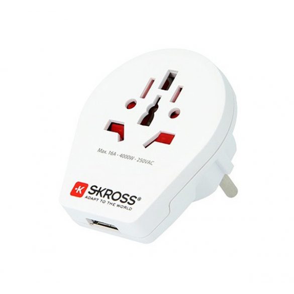 Priză USB încărcător de voiaj SKROSS (240V/16A, SUA, Marea Britanie, IT, AUS - pin EU2, împământat) ALB