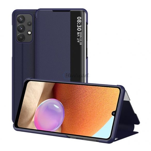 Husă în picioare, efect piele (FLIP, deschidere laterală, funcție de suport pentru birou, afișare număr de telefon, fereastră de vizualizare) ALBASTRU ÎNCHIS Samsung Galaxy A02s (SM-A025F)