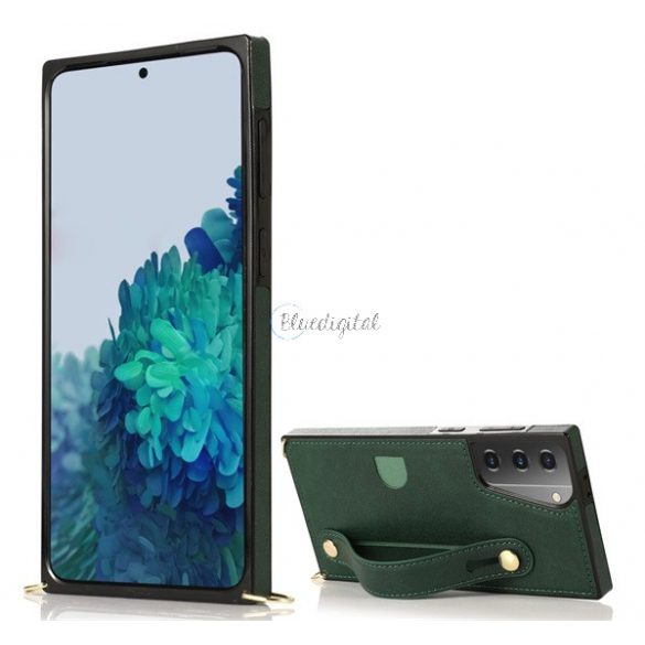 Protector de telefon din silicon (rezistență medie la impact, funcție de suport pentru birou, panou din spate cu efect de piele + curea de mână + curea de umăr) VERDE ÎNCHIS Samsung Galaxy S21 Plus (SM-G996) 5G