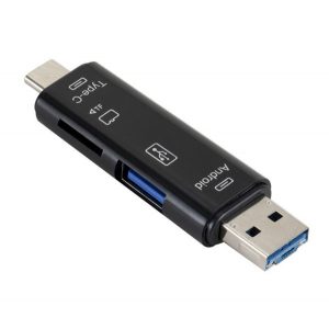 Adaptor 5in1 (USB + microUSB + mufă Type-C microSD / cititor pendrive, OTG) NEGRU