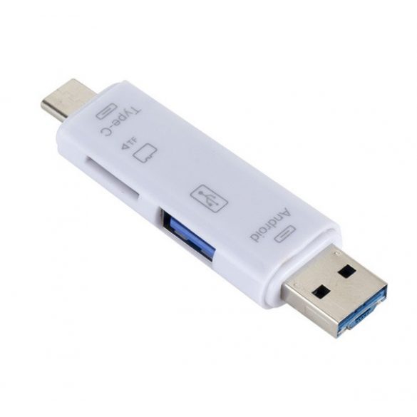 Adaptor 5in1 (USB + microUSB + mufă Type-C, cititor microSD / pendrive, OTG) ALB