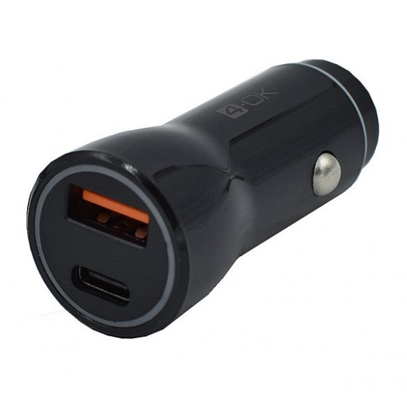 Încărcător auto 4-OK USB+priză de tip C (20W, încărcător rapid PD) NEGRU