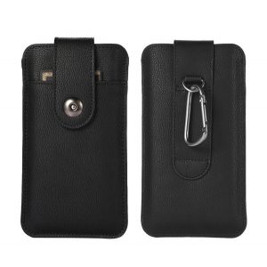 Husă în picioare, efect piele (universal, suport card bancar, clemă pentru curea, carabină, dimensiune 6.1", premium) NEGRU