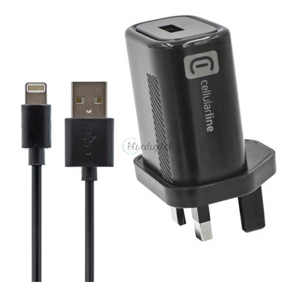 Încărcător de călătorie CELLULARLINE, priză USB (12W, Marea Britanie, împământat + cablu fulger) NEGRU