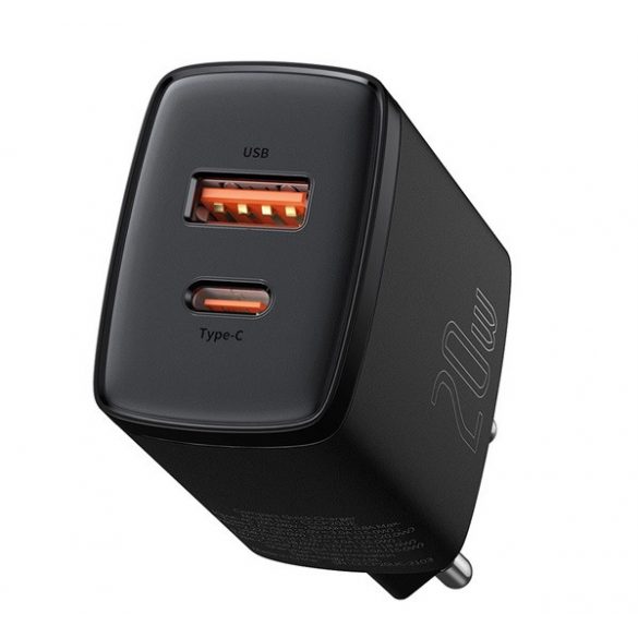 Încărcător de rețea BASEUS COMPACT USB+Type-C (20W, încărcător rapid PD 3.0) NEGRU