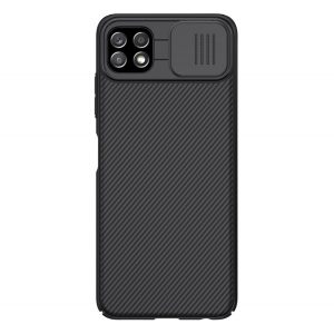 NILLKIN CAMSHIELD protecție din plastic pentru telefon (cadru din silicon, rezistent la impact mediu, protecție cameră foto, cu dungi) negru Samsung Galaxy A22 5G (SM-A226)