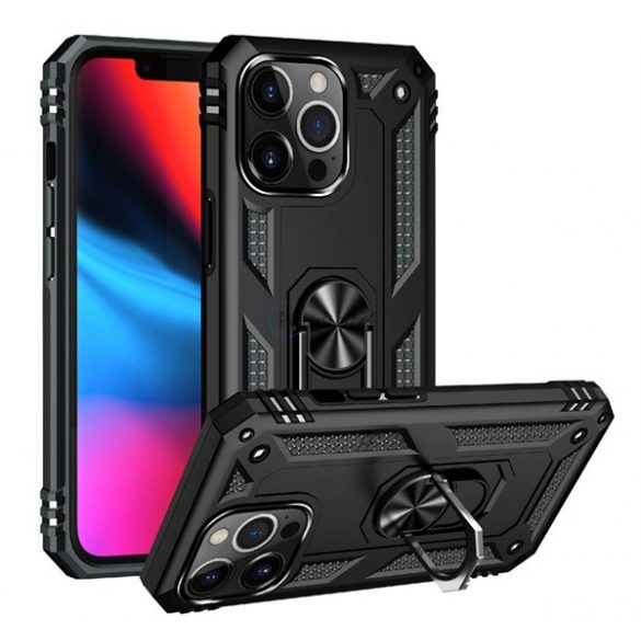 Protector de telefon din plastic Defender (rezistenta la impact mediu, interior din silicon, inel pentru suport telefon, placa metalica incorporata) NEGRU Apple iPhone 13 Pro