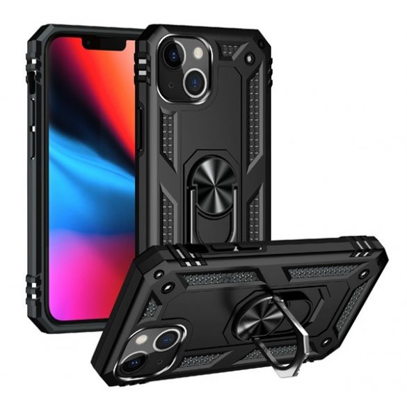 Protector de telefon din plastic Defender (rezistenta la impact mediu, interior din silicon, inel suport telefon, placa metalica incorporata) NEGRU Apple iPhone 13 mini