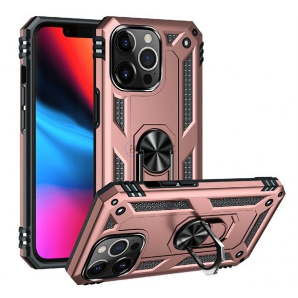 Protector de telefon din plastic Defender (rezistenta medie la impact, interior din silicon, inel suport telefon, placa metalica incorporata) ROSE GOLD Apple iPhone 13 Pro