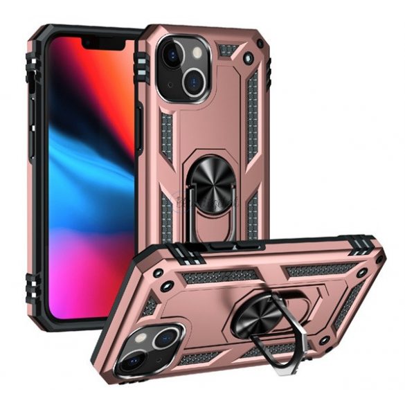 Protector de telefon din plastic Defender (rezistenta medie la impact, interior din silicon, inel suport telefon, placa metalica incorporata) ROSE GOLD Apple iPhone 13 mini