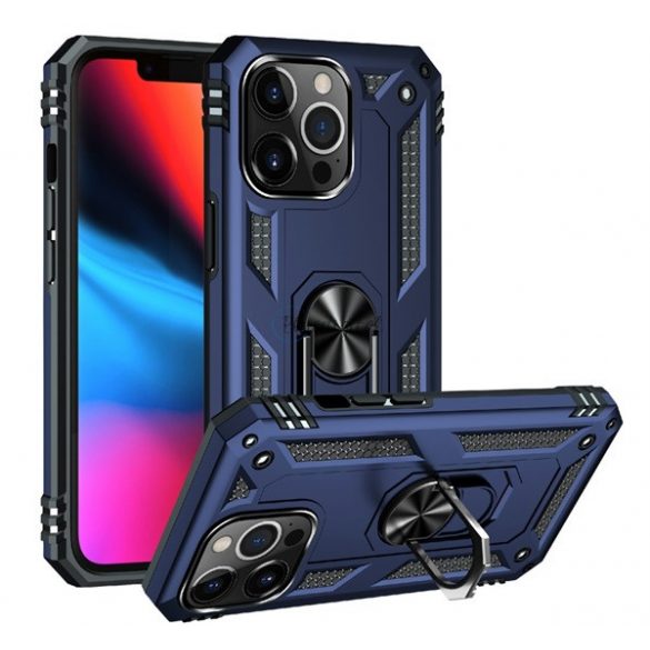 Protector de telefon din plastic Defender (rezistență medie la impact, interior din silicon, inel de suport pentru telefon, placă metalică încorporată) ALBASTRU ÎNCHIS Apple iPhone 13 Pro Max