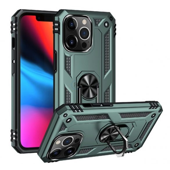 Protector de telefon din plastic Defender (rezistență medie la impact, interior din silicon, inel de suport pentru telefon, placă metalică încorporată) VERDE ÎNCHIS Apple iPhone 13 Pro Max