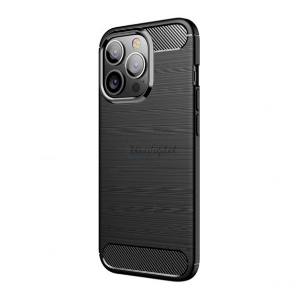 Protector de telefon din silicon (rezistență medie la impact, colț cu pernă de aer, periat, model carbon) NEGRU Apple iPhone 13 Pro