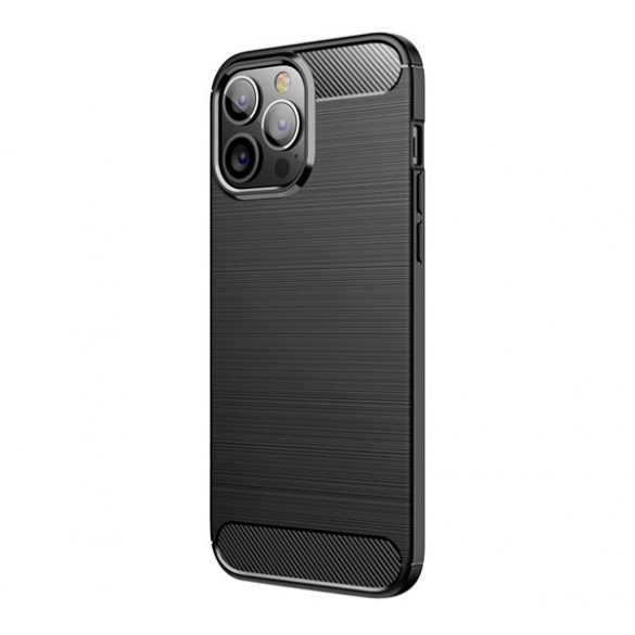 Protector de telefon din silicon (rezistență medie la impact, colț cu pernă de aer, periat, model carbon) NEGRU Apple iPhone 13 Pro Max