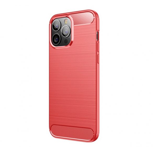 Protector de telefon din silicon (rezistență medie la impact, colț cu pernă de aer, periat, model carbon) RED Apple iPhone 13 Pro Max