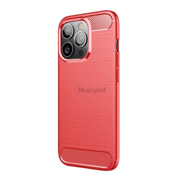 Protector de telefon din silicon (rezistență medie la impact, colț cu pernă de aer, periat, model carbon) RED Apple iPhone 13 Pro