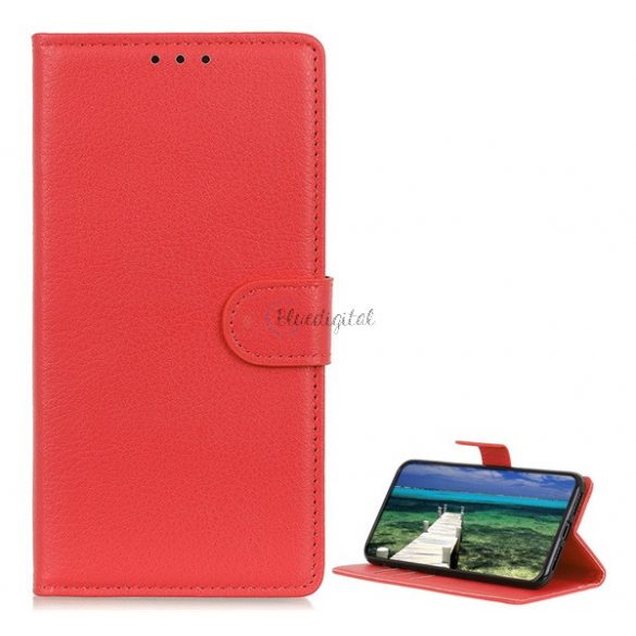 Carcasa in picioare, efect piele (FLIP, deschidere laterala, functie suport pentru masa, premium) RED Apple iPhone 13 Pro