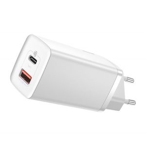 Încărcător de rețea BASEUS cu mufă USB+Type-C (65W, GaN2, încărcător rapid PD 3.0) ALB