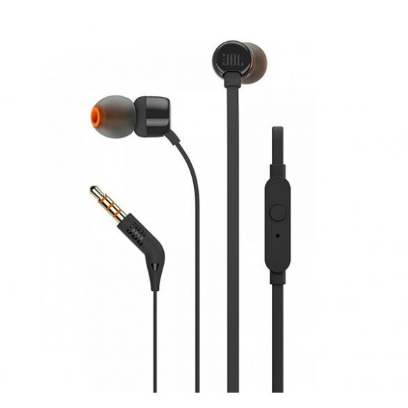 JBL T110 Căști stereo (mufă de 3,5 mm, buton de înregistrare, cablu plat) NEGRU