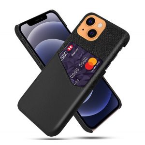 Protectie din plastic pentru telefon (rezistenta medie la impact, suport card bancar, invelis textil, spate cu efect piele) NEGRU Apple iPhone 13 mini