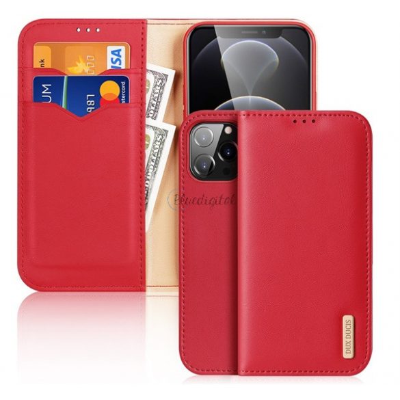 Husa DUX DUCIS HIVO in picioare, piele naturala (FLIP, deschidere laterala, functie suport de masa, suport card bancar, protectie RFID) RED Apple iPhone 13 Pro Max