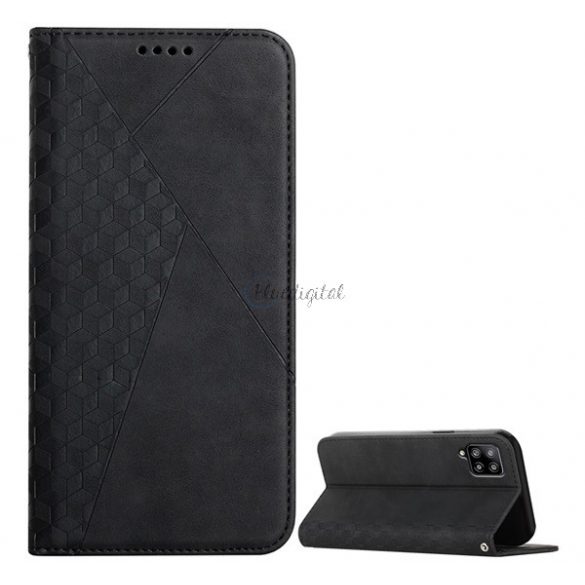 Carcasa in picioare, efect piele (FLIP, deschidere laterala, functie suport pentru masa, model 3D romb, premium) NEGRU Samsung Galaxy A42 5G (SM-A425F)