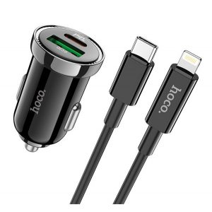 Încărcător auto HOCO Z44 USB+priză tip C (15W, încărcător rapid PD 3.0 + tip C - cablu fulger) NEGRU