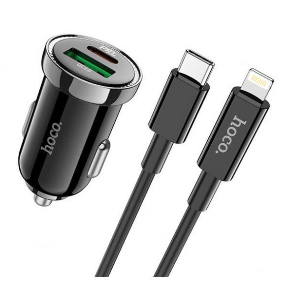 Încărcător auto HOCO Z44 USB+priză tip C (15W, încărcător rapid PD 3.0 + tip C - cablu fulger) NEGRU