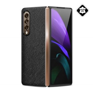 Protecție din plastic pentru telefon (rezistență medie la impact, cadru din silicon, piele naturală, model textil) negru Samsung Galaxy Z Fold3 5G (SM-F926)