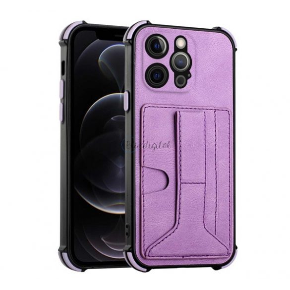 Protector de telefon din silicon (rezistenta la impact mediu, efect piele, suport card bancar, functie suport birou + curea de la mana) PURPLE Apple iPhone 12 Pro