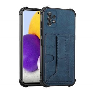 Protectie de telefon din silicon (rezistenta medie la impact, efect piele, suport card bancar, functie suport birou + curea de la mana) ALBASTRU INCHIS Samsung Galaxy A72 5G (SM-A726F), Samsung Galaxy A72 4G (SM-A725F)