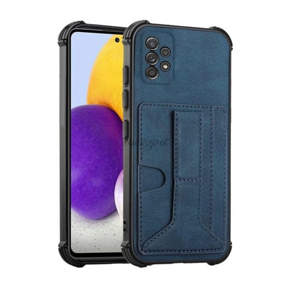 Protectie de telefon din silicon (rezistenta medie la impact, efect piele, suport card bancar, functie suport birou + curea de la mana) ALBASTRU INCHIS Samsung Galaxy A72 5G (SM-A726F), Samsung Galaxy A72 4G (SM-A725F)