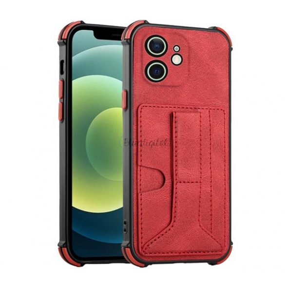 Protectie de telefon din silicon (rezistenta medie la impact, efect piele, suport card bancar, functie suport birou + curea de la mana) RED Apple iPhone 12